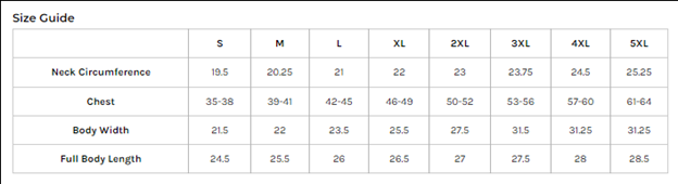 men's vest size chart